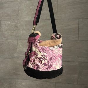 LUCKY BRAND Purple Black Brown Suede Leather Trim Canvas Shoulder Tote Bag Purse